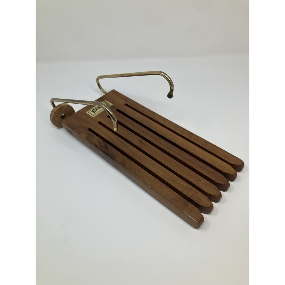 Vintage Hiz Inc Solid Walnut Wood & Brass Tie Organizer Rack Hanging Closet USA